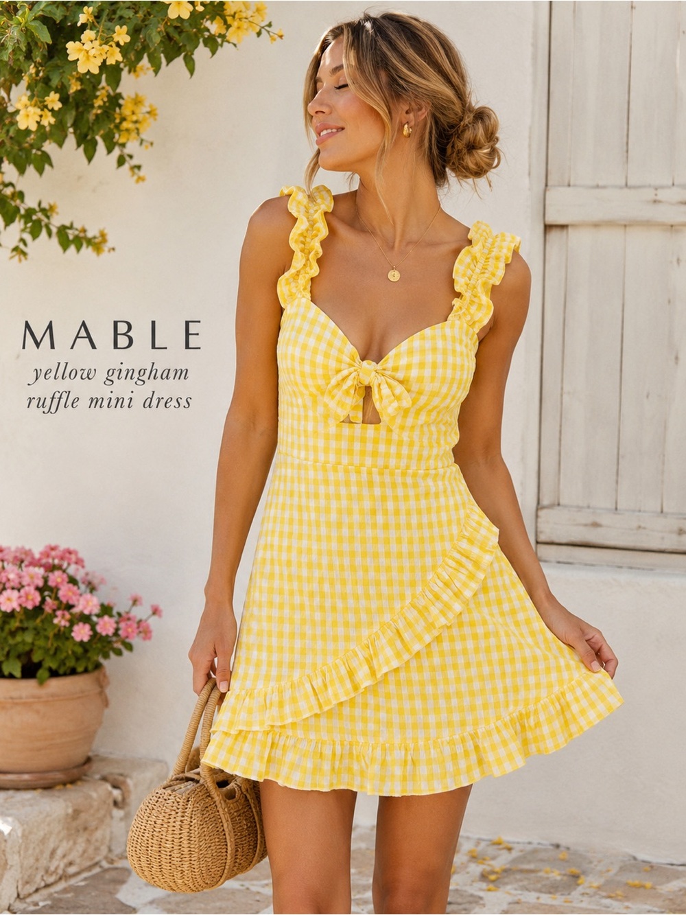 * Mable Yellow Gingham Ruffle Mini Dress Medium